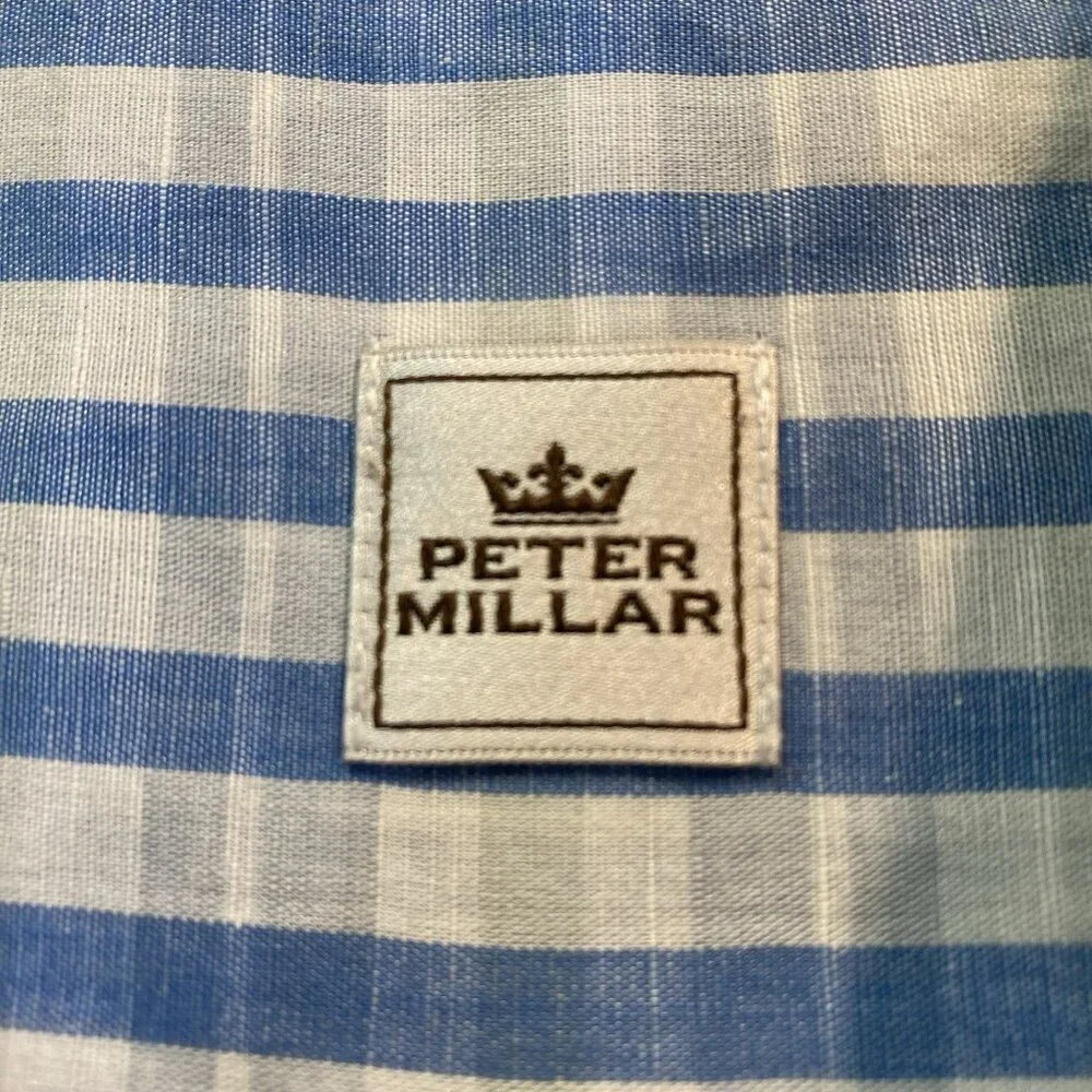 PETER MILLAR Cotton & Linen Blue Plaid Long Sleeve Casual Shirt XL EUC